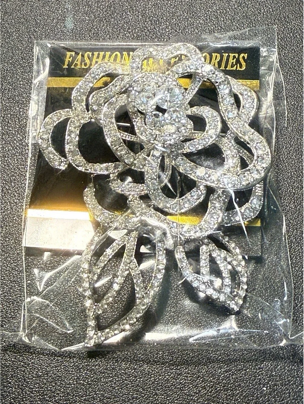 NEW Vintage 2000s Rose Statement Brooch Silver Tone Pavé Rhinestone, 3x4”